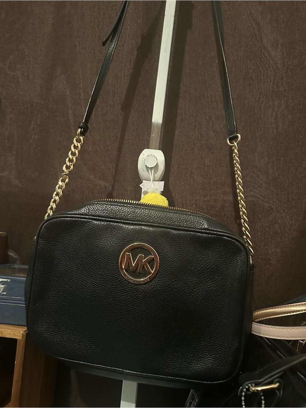 Michael Kors Black Pebbled Leather Crossbody with Gold MK Emblem
